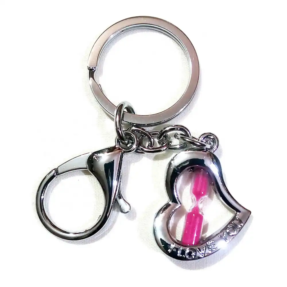 Hourglass Pink Sand Timer Heart Keychain