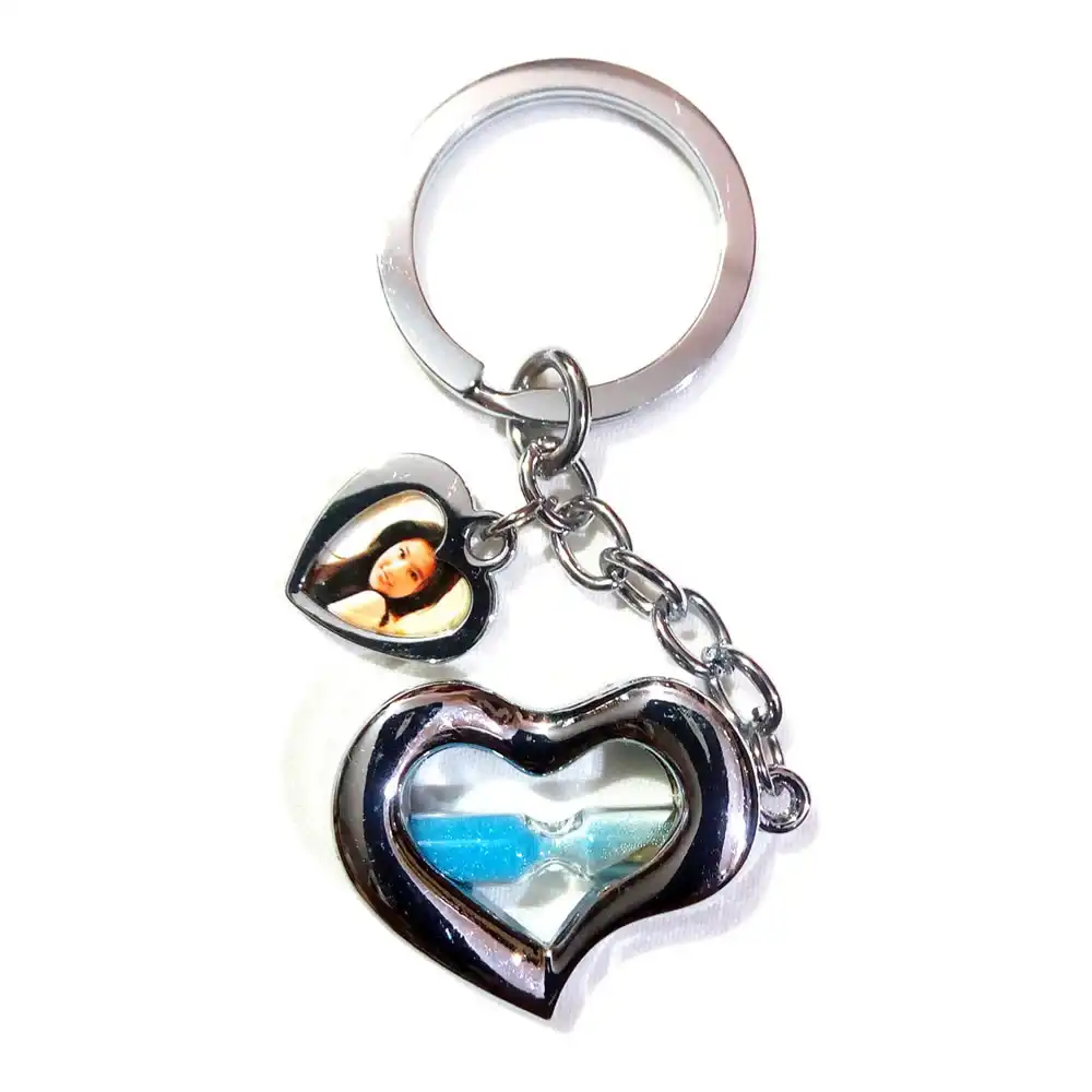 Hourglass Blue Sand Timer Two Hearts & Photo Frame Keychain