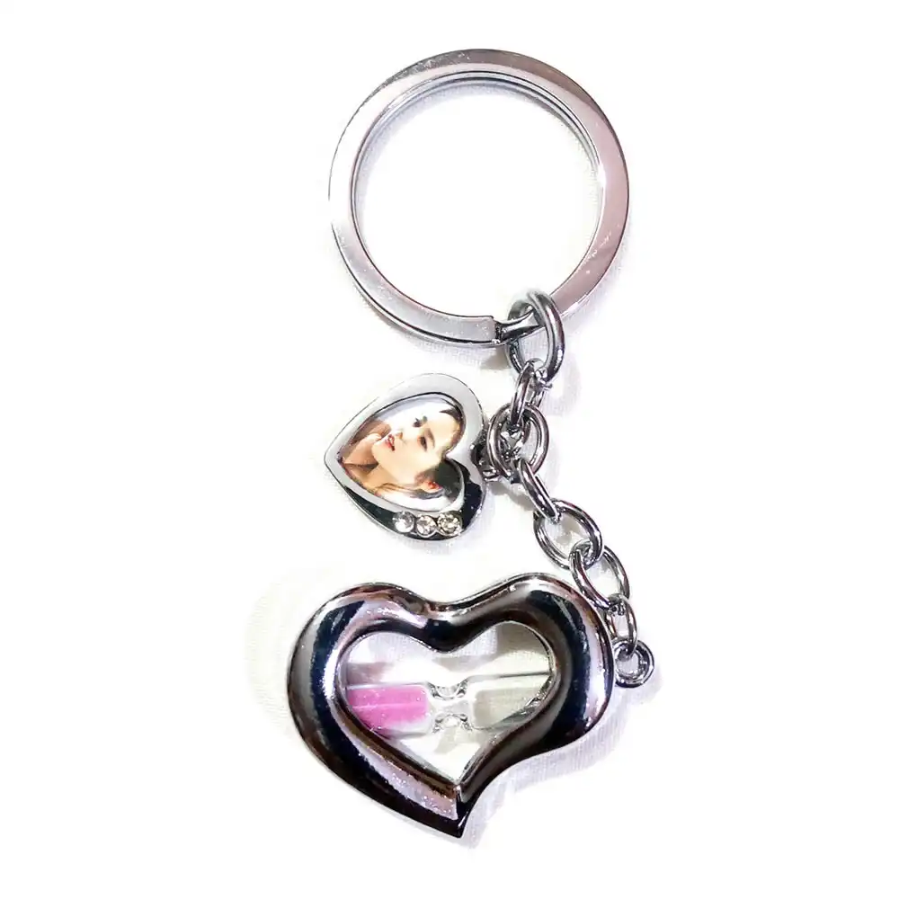 Hourglass Pink Sand Timer Two Hearts & Photo Frame Keychain